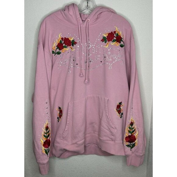 Teddy Fresh Hoodie Womens 2X Pink Embroidered Floral Bling Pullover Plus Size - Picture 1 of 14